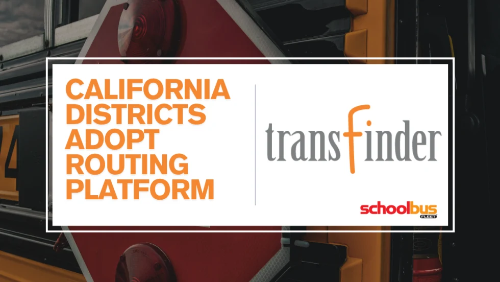 A close up of a school bus stop arm with a graphic overlay. Text reads "California Districts Adopt Routing Platform."