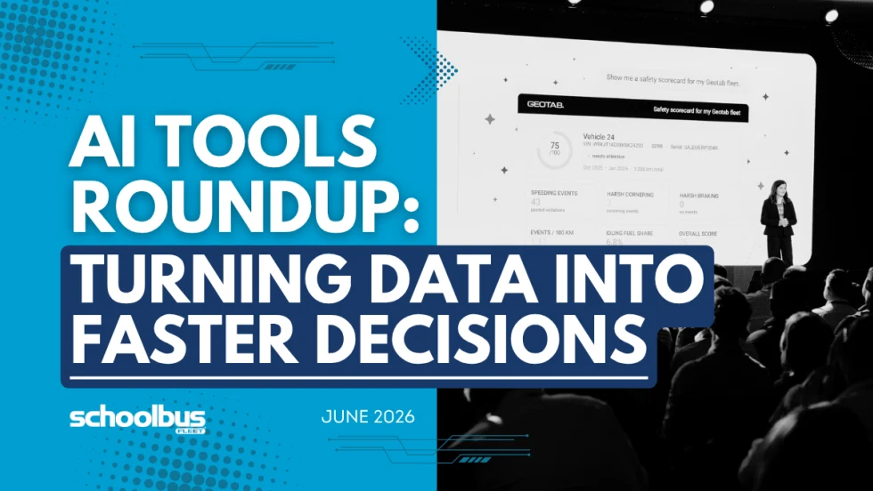 A blue and white graphic with a black and white image of Geotab official on stage with text reading "AI Tools Roundup: Turning Data Into Faster Decisions."