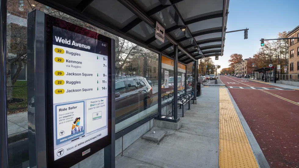 A Massachusetts Bay Transportation Authority bus stop and sign.