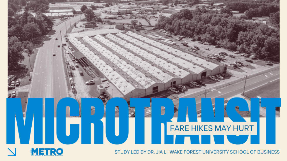 A black and white image of an industrial area in Wilson, North Carolina, with blue text reading "Microtransit Fare Hikes May Hurt."