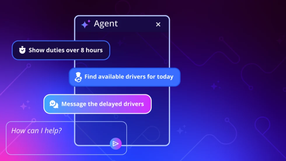 A blue, pink, and purple graphic showing Optibus Agent AI prompts.