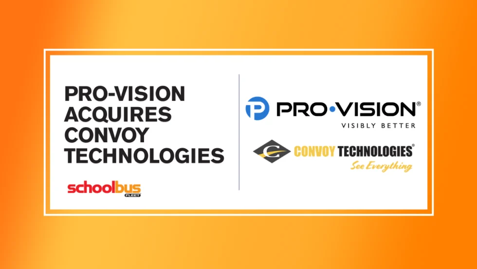 An orange and white graphic with Pro-Vision and Convoy Technologies logos, and text reading "Pro-Vision Acquires Convoy Technologies."