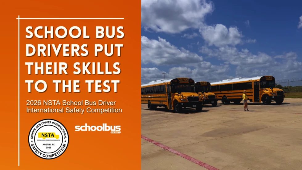 School buses at NSTA's SBDISC Roadeo with text reading "School Bus Drivers Put Their Skills to the Test."