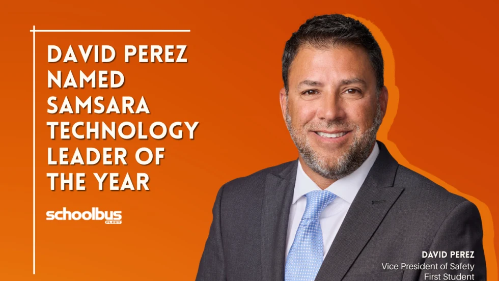 A professional portrait of David Perez on an orange background with text reading "David Perez Named Samsara Technology Leader of the Year."