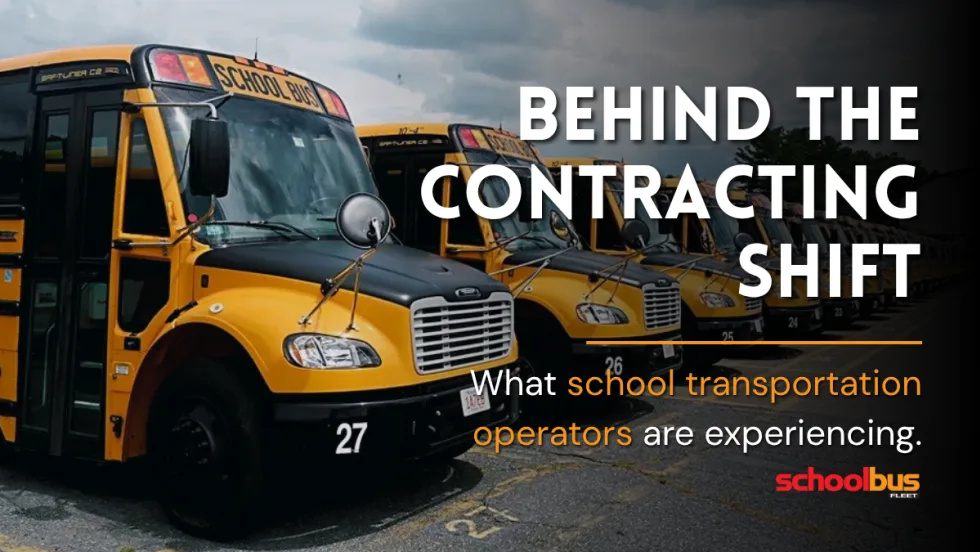 A lineup of Beacon Mobility school buses with text reading "Behind the Contracting Shift."