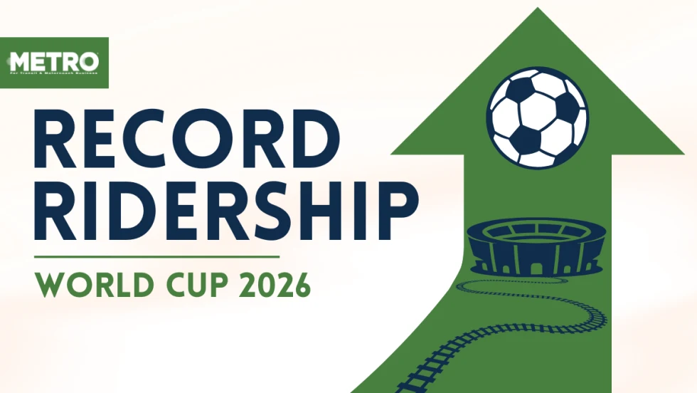 A tan, blue, and green graphic with text reading "Record Ridership: World Cup 2026."