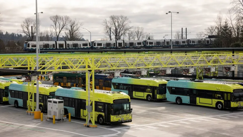 King County Metro's bus depot with Schunk Transit pantograph charging infrastructure. 