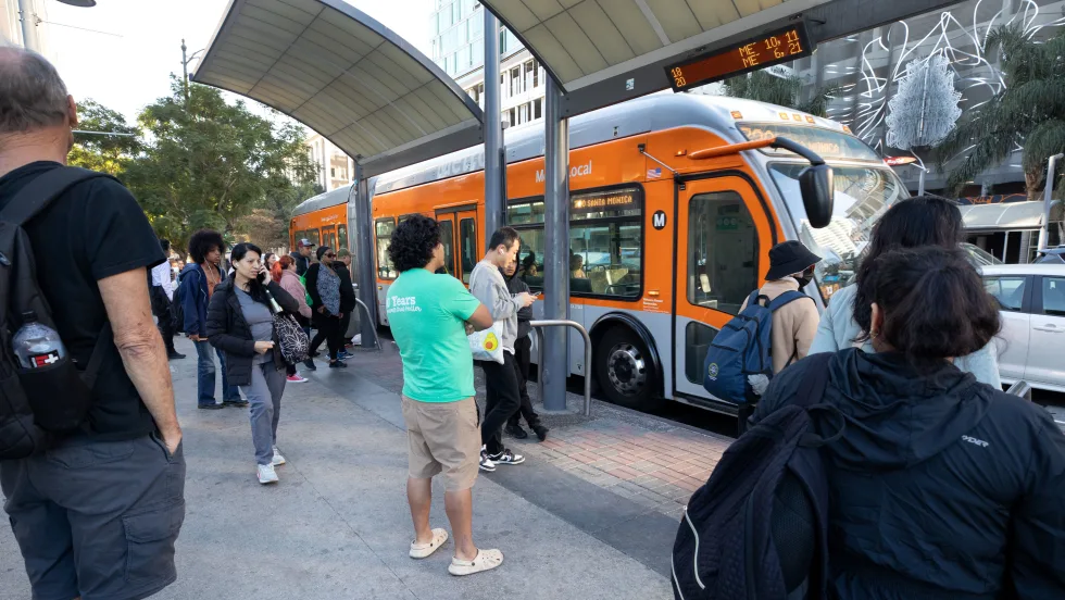 Crowd waiting for LA Metro bus
