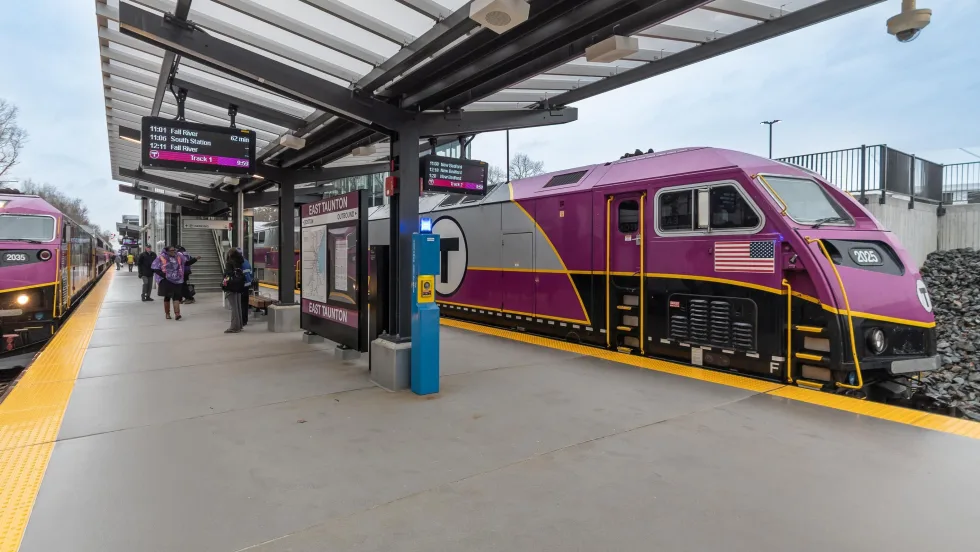 An MBTA commuter rail at a station.