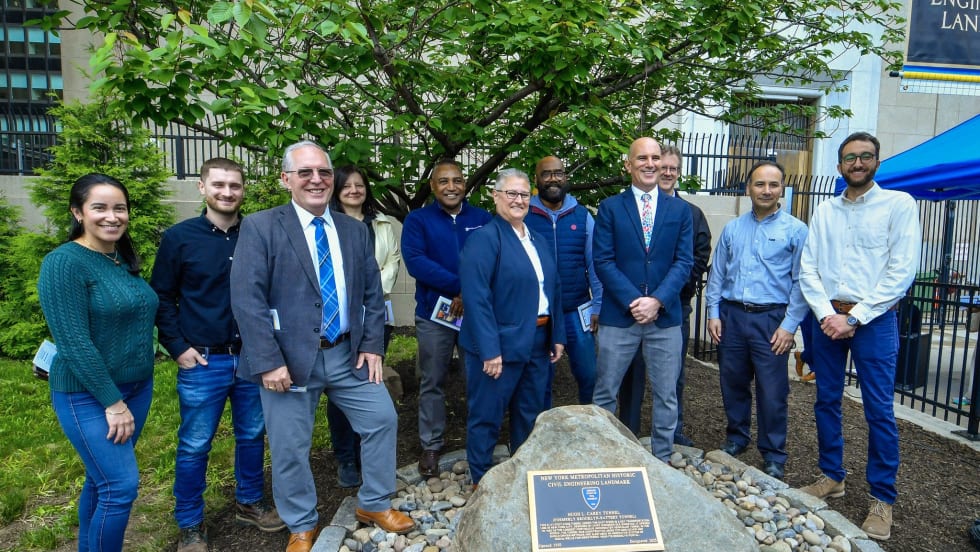 MTA and ASCE officials at plaque celebrating earning the New York Metropolitan Historic Civil Engineering Landmark designation.