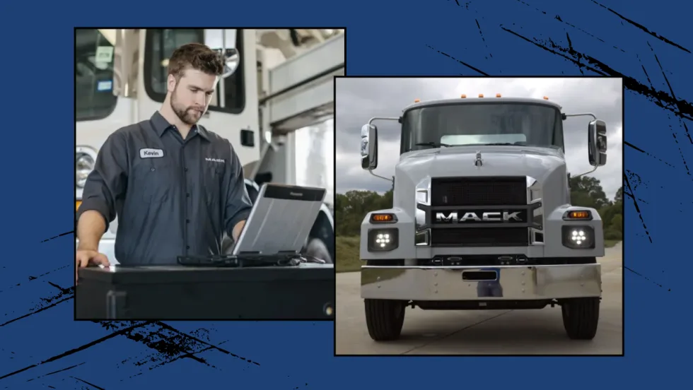 Photos of Mack MD medum-duty truck and Mack technician on a computer in the shop, on a blue background