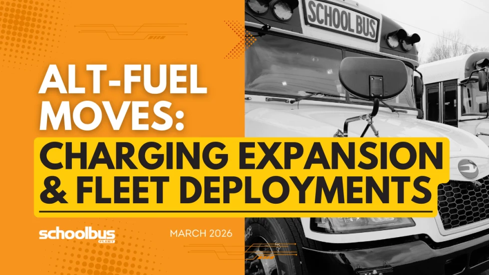 An orange and yellow graphic with a black and white image of Blue Bird propane school buses.