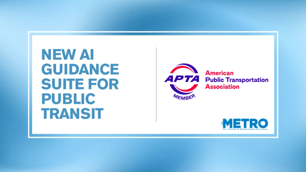 A blue and white graphic with the APTA logo and text reading "New AI Guidance Suite for Public Transit."