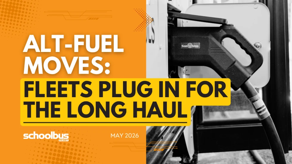 An orange and yellow graphic with a black and white image of an electric bus charger and text reading "Alt-Fuel Moves: Fleets Plug In For the Long Haul."