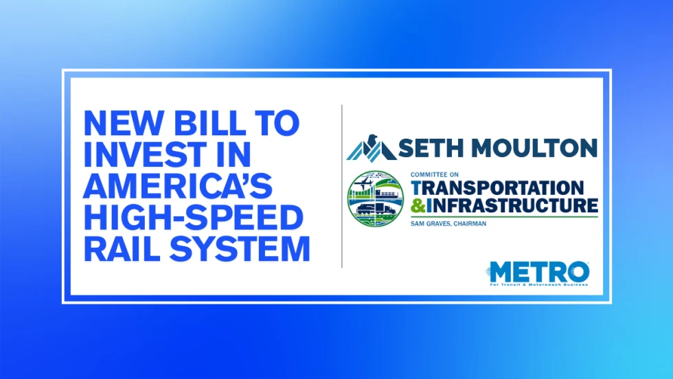 A blue and white graphic with text reading "New Bill to Invest in America's High-Speed Rail System."