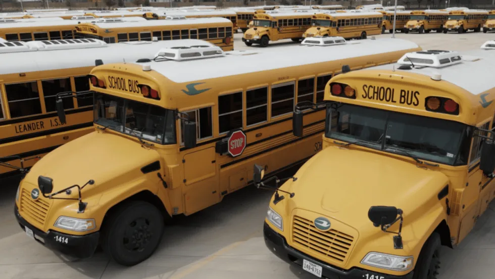 A bus lot of Leander ISD school buses.