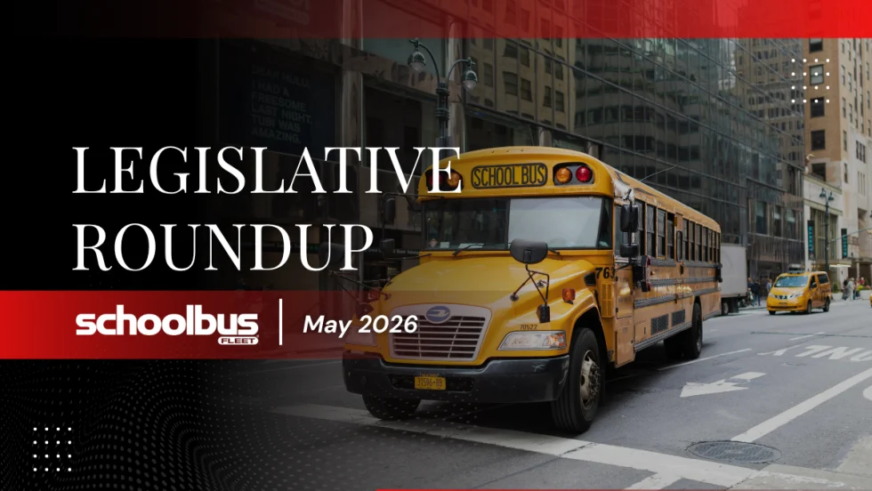 A black, white, and red graphic with an image of a school bus on a New York street and text reading "Legislative Roundup May 2026."
