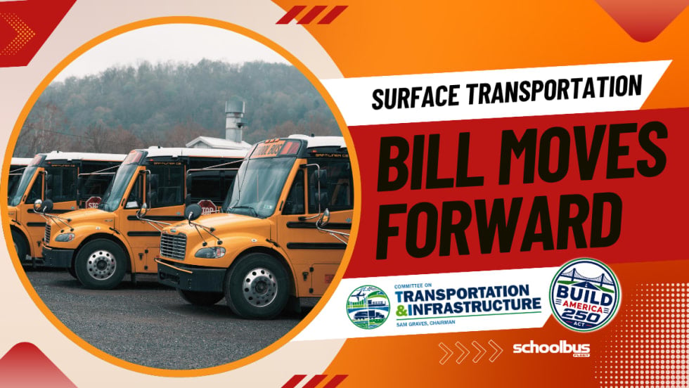 An orange and red graphic with text reading "Surface Transportation Bill Moves Forward."