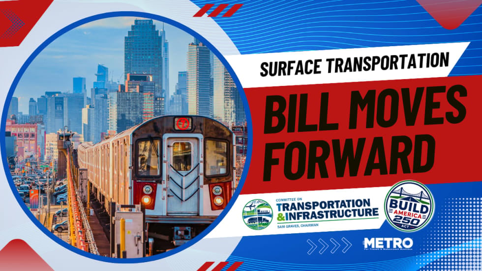 A red, white, and blue graphic with an image of a rail line in NYC and text reading "Surface Transportation Bill Moves Forward."