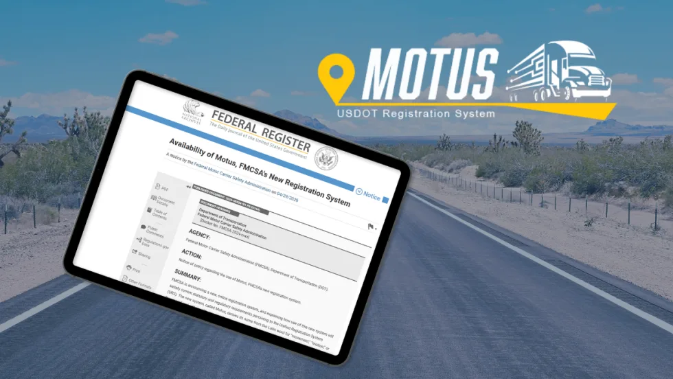 Mobile tablet showing Motus screen against highway background with Motus logo