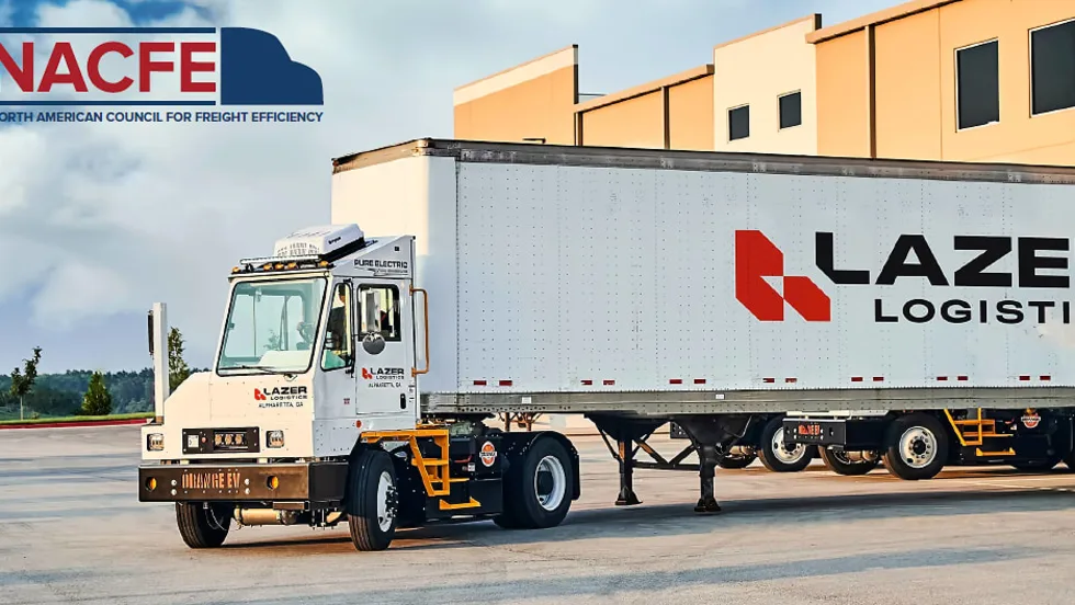 Photo of electric OrangeEV terminal tractor with a Lazer Logistics trailer