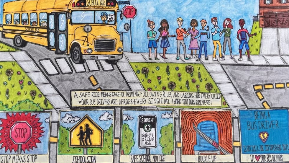 Student-created poster titled “Safe Rides, Everyday Heroes” shows a yellow school bus at a crosswalk, students waiting nearby, and school bus safety reminders about stopping, school zones, safe pickup and drop-off, and buckling up.