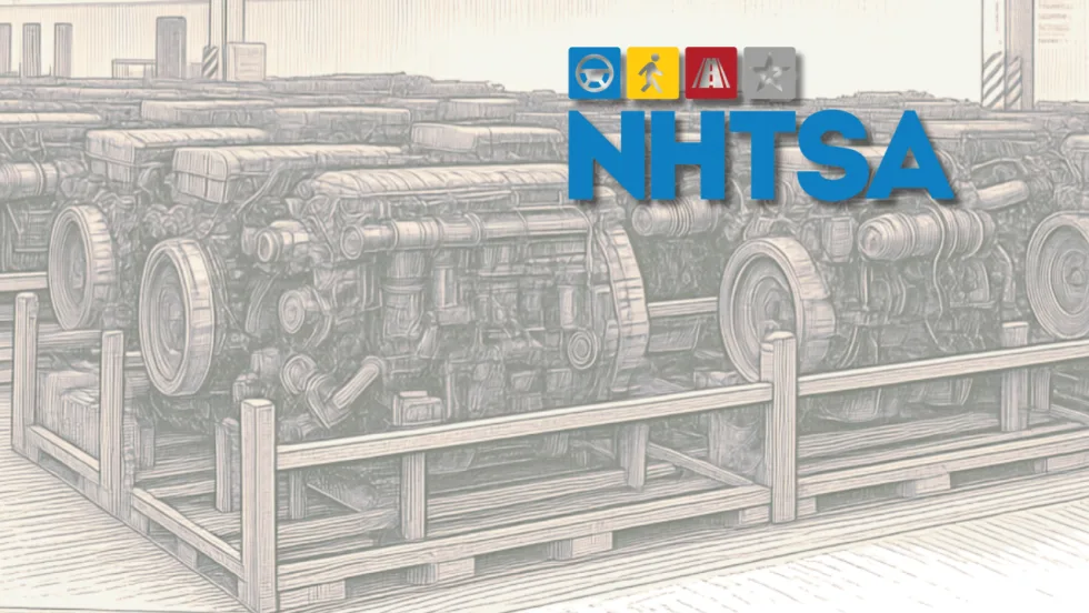 Faded sketch of diesel engines on a factory floor with NHTSA logo superimposed on top