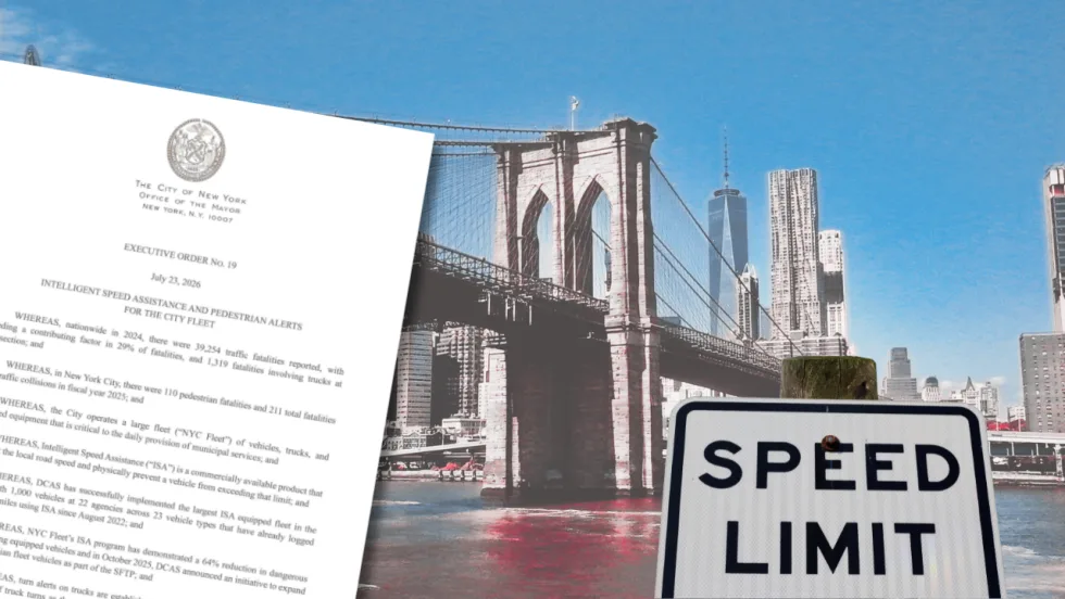 Illustration of NYC skyline with speed limit sign and the major's order in the foreground