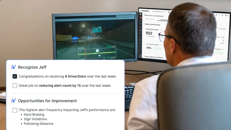 Man seated in front of computer with inset of insights generated for a truck driver