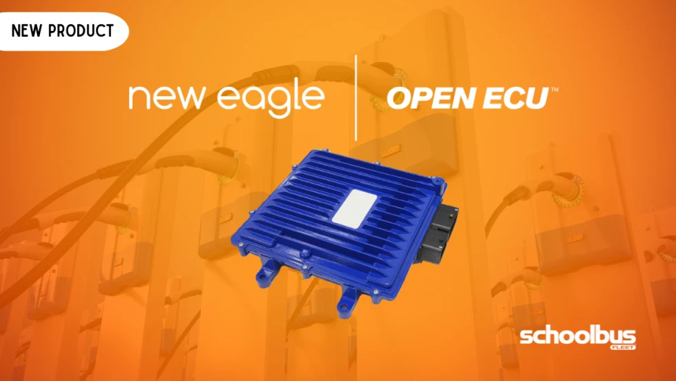 Promotional graphic announcing New Eagle's OpenECU platform. A blue electronic control unit (ECU) is featured against an orange background with EV charging stations and charging cables. The image includes the New Eagle and OpenECU logos, a "New Product" label, and School Bus Fleet branding.