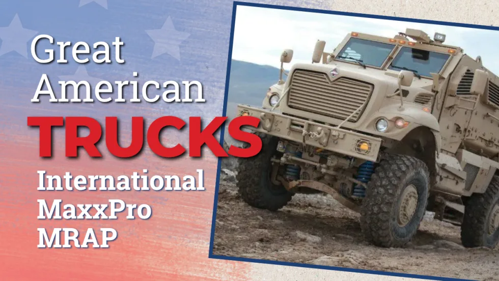 photo of a military truck with "Great American Trucks" wording on top of red-white-and-blue background.