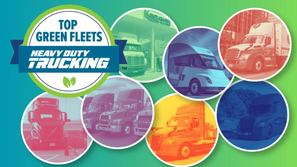 Circles with trucks demonstrating sustainable features and Top Green Fleets logo
