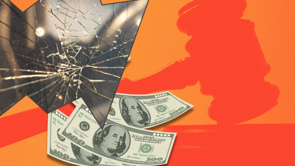 Graphic illustrating court verdicts with money and a cracked windshield with a gavel in the background