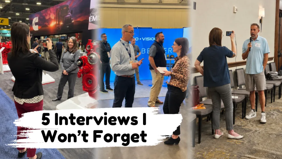 Collage of three School Bus Fleet interviews at industry events with the text, “5 Interviews I Won’t Forget.”