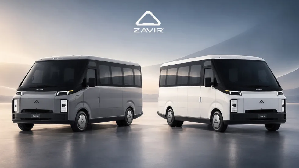 Gray and white ZAVIR medium-duty shuttle concepts shown side by side with the ZAVIR logo above them.