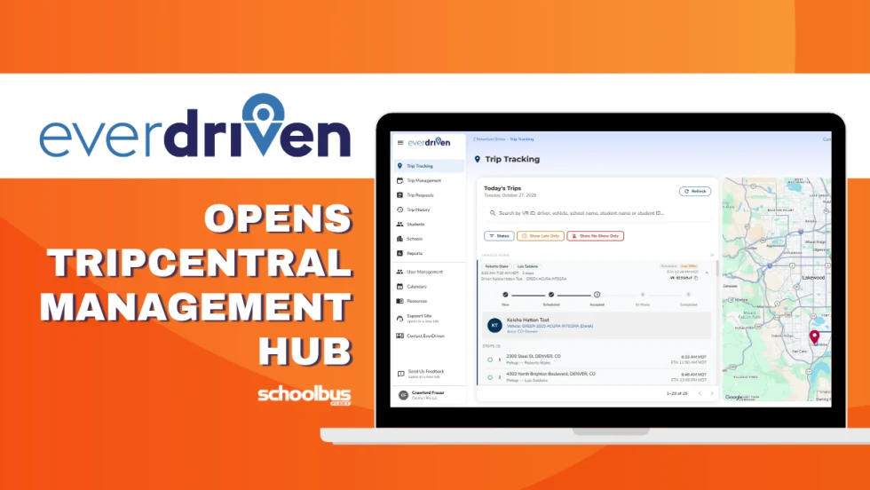 School Bus Fleet graphic featuring the EverDriven logo and a laptop displaying the TripCentral trip tracking dashboard, with the headline “EverDriven Opens TripCentral Management Hub.”