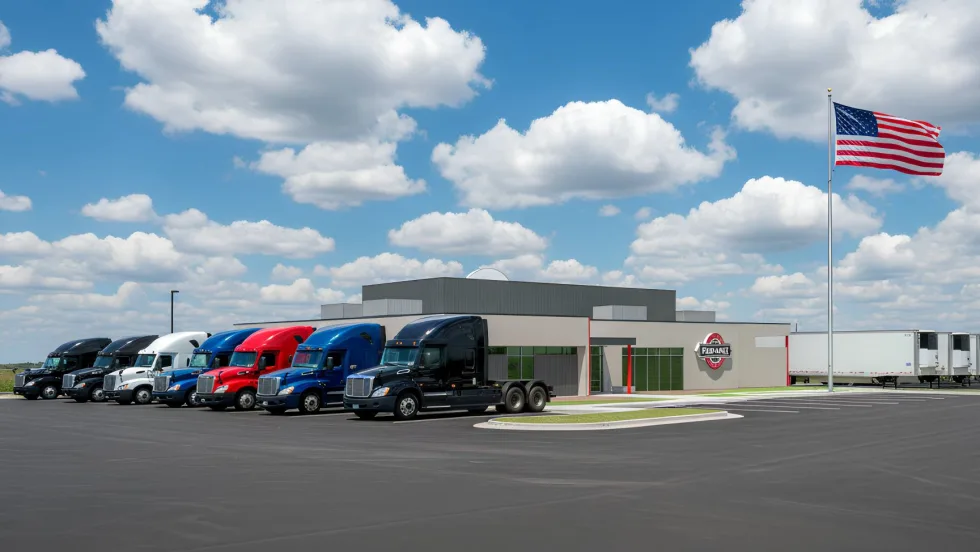Artist rendering of dealership with trucks and trailers parked outside