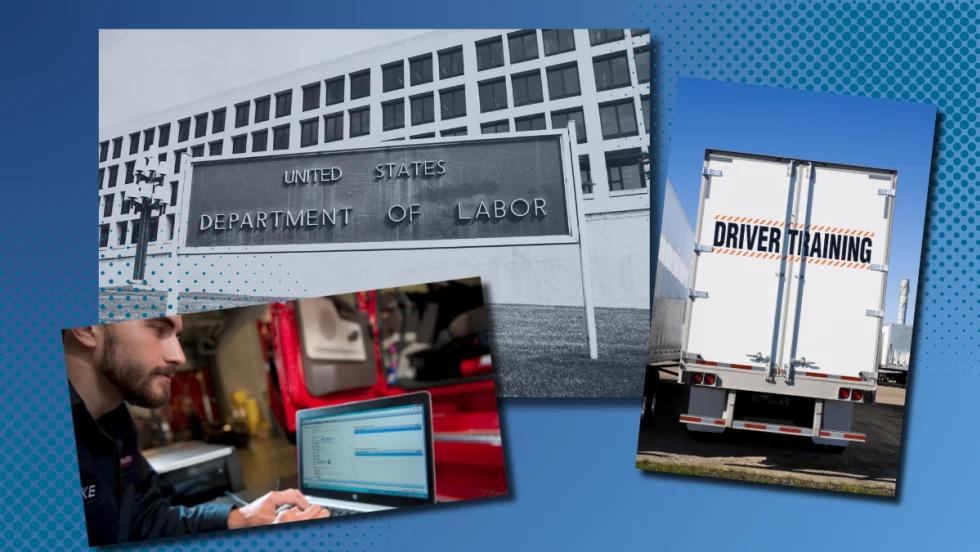 Illustration of Department of Labor building, diesel technician at a computer, and driver training semi trailer