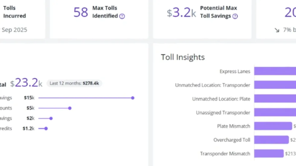 Screen capture showing PrePass Intelligence data on tolls