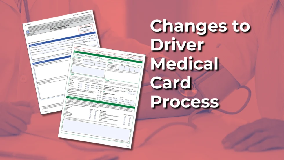 Illustration of driver medical exam paperwork over duotone background of a blood pressure check