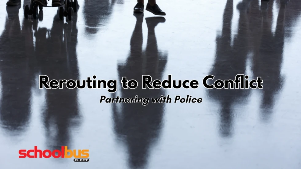 Graphic showing reflections of people walking across a floor with the text, “Rerouting to Reduce Conflict: Partnering with Police.”