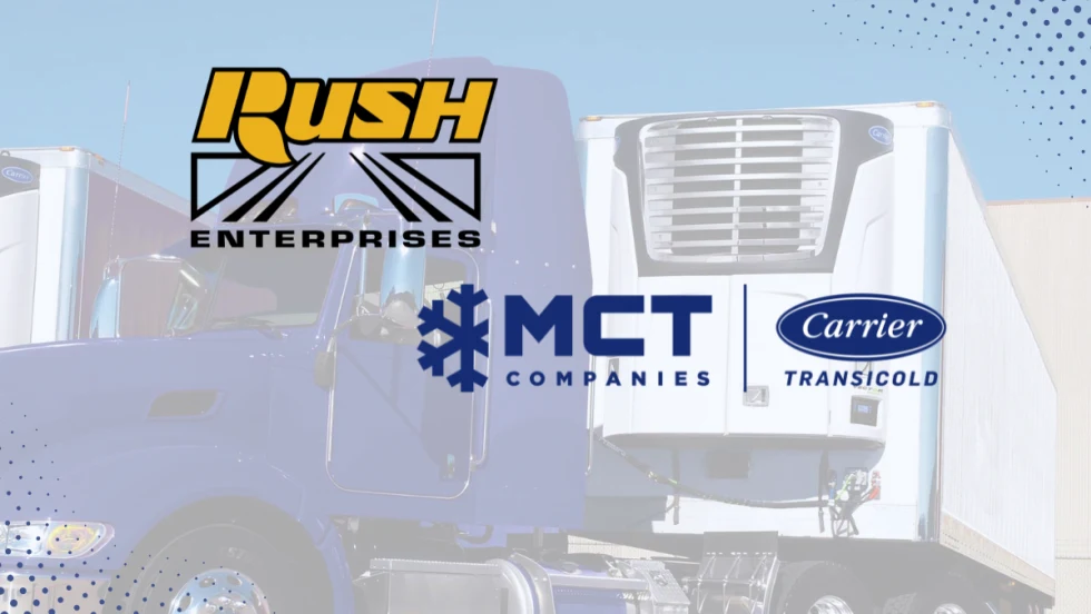 Graphic showing Rush and MCT logos with blue tractor pulling white refrigerated trailer in the background
