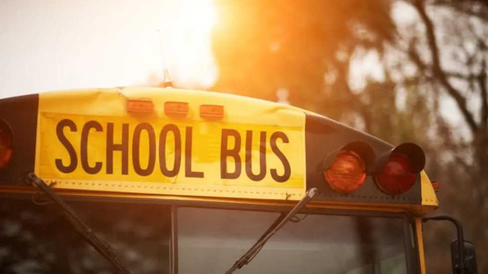 the top of a school bus is illuminated by a rising sun behind it