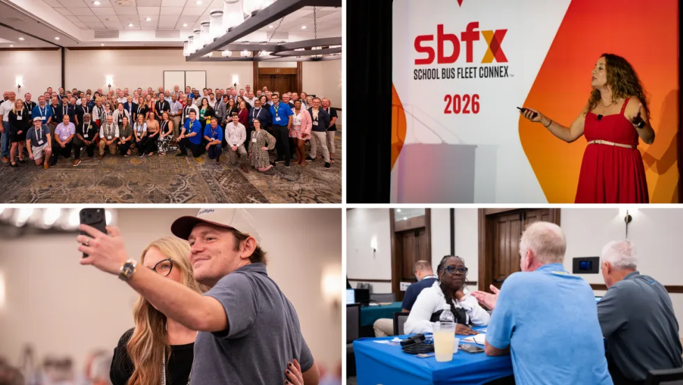 Collage from the 2026 School Bus Fleet Connex event showing attendees posing for a group photo, a presenter speaking onstage, two attendees taking a selfie, and participants meeting one-on-one.