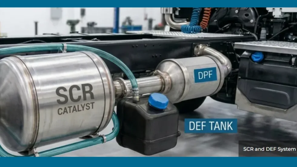 Illustration of SCR/DEF system on heavy-duty truck