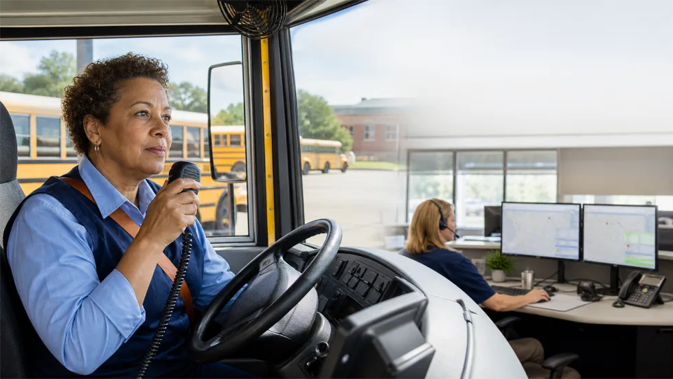 A female school bus driver in bus driver's seat speaking on radio with an inset of female with headphones looking at two monitors and buses in the background