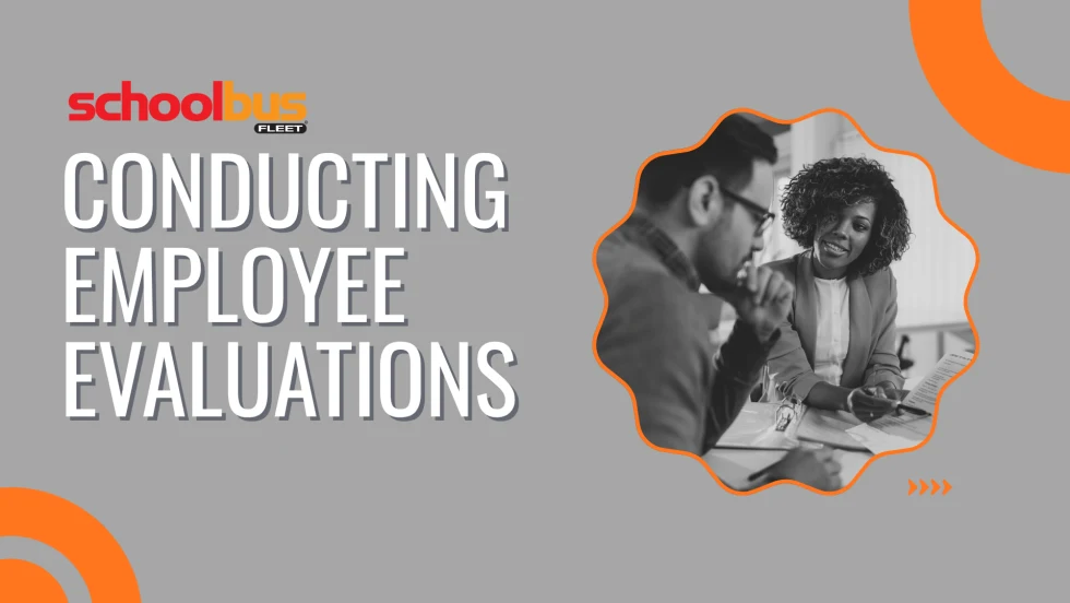 School Bus Fleet graphic titled “Conducting Employee Evaluations,” featuring a black-and-white photo of two professionals discussing paperwork during a performance review, with orange accents on a gray background.
