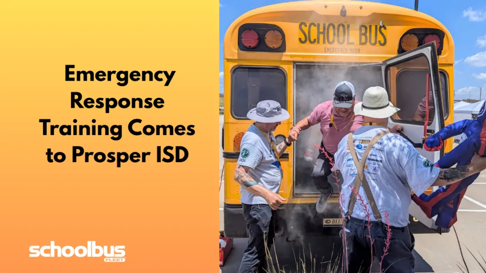 Emergency response personnel assist participants evacuating through the rear emergency door of a yellow school bus during a hands-on safety training exercise at Prosper ISD. Smoke fills the bus interior as responders demonstrate emergency evacuation procedures.
