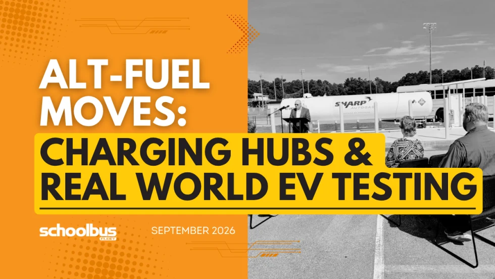 An orange and yellow graphic with a black and white image of a propane deployment event with text reading "Charging Hubs & Real World EV Testing."