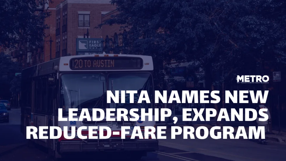 A blue and white graphic with text reading "NITA Names New Leadership, Expands Reduced-Fare Program."